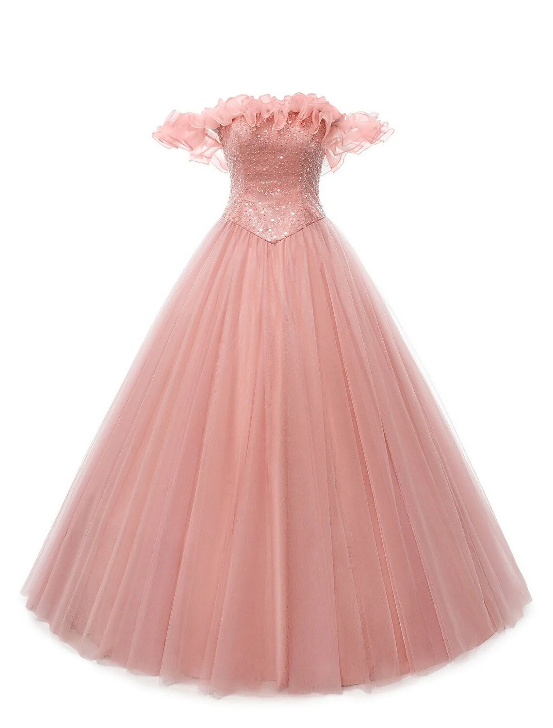 Prom Dresses Puffy Dress Quinceanera Floor Length Sleeveless Off Shoulder Tulle Pearls Sequin - TREBLEV