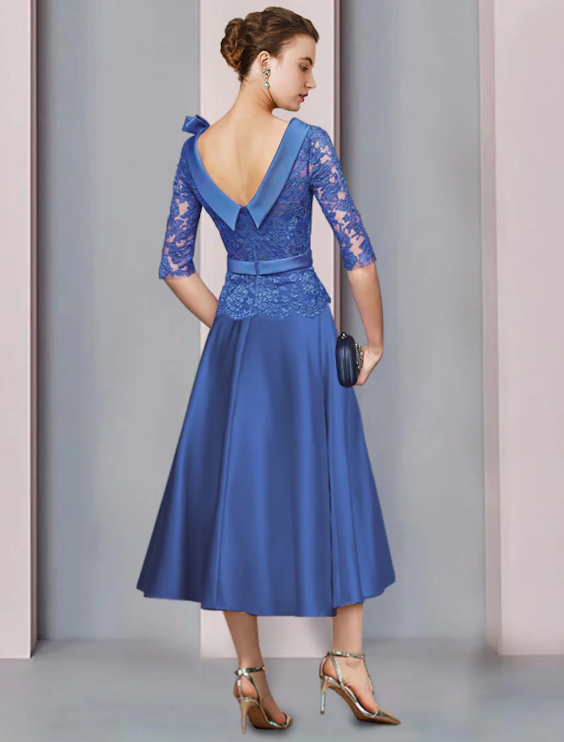 A-Line Mother of the Bride Dress Formal Church Party Elegant Satin Lace Half Sleeve with Sash Ribbon Bow(s) - TREBLEV