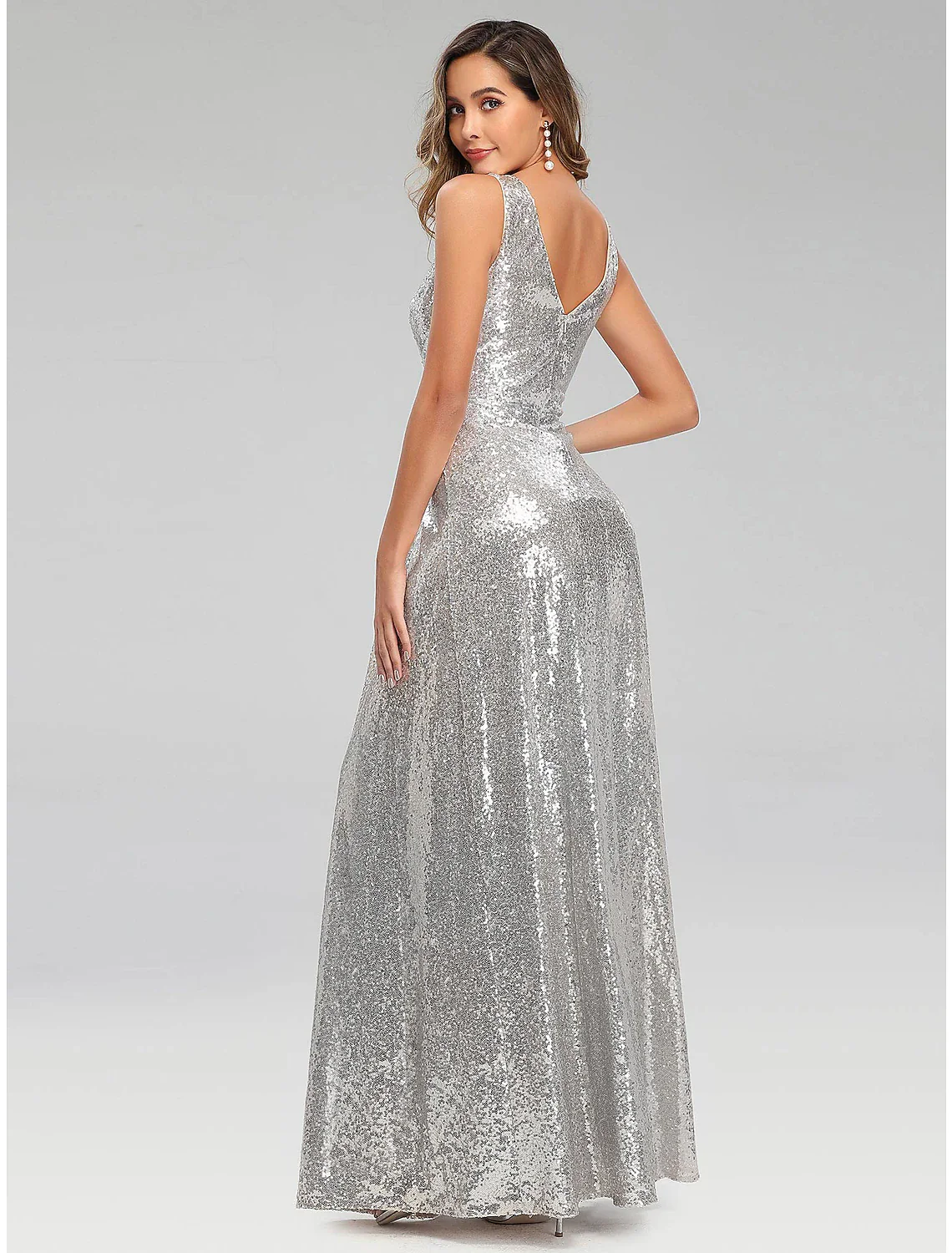 A-Line Prom Dresses Sparkle Dress Wedding Guest Floor Length Sleeveless V Neck Polyester V Back with Sequin - TREBLEV
