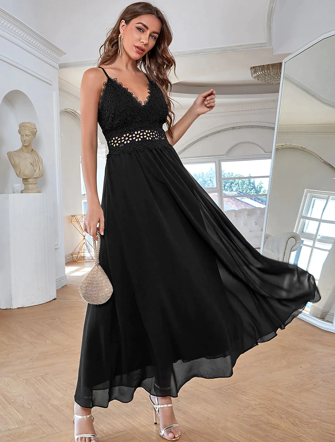 A-Line Elegant Vintage Party Wear Formal Evening Dress V Neck Sleeveless Ankle Length Chiffon with Sequin Splicing - TREBLEV