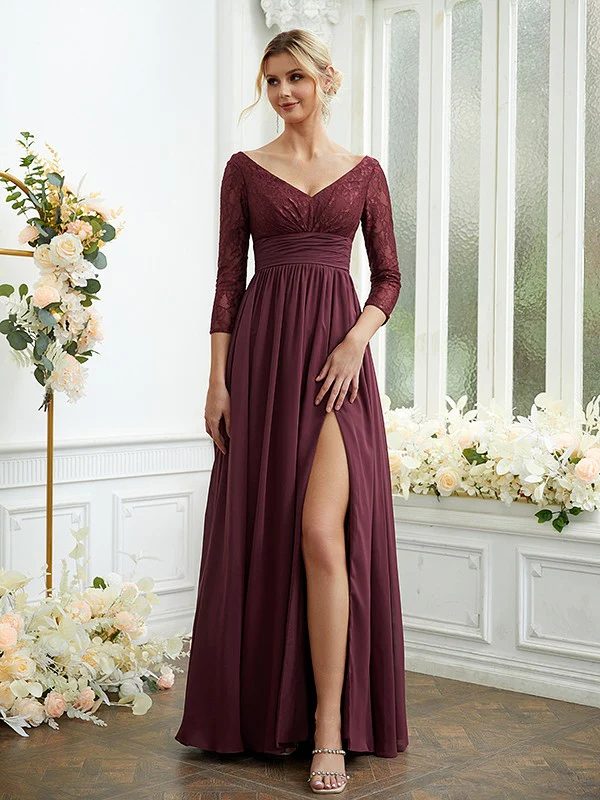 A-Line/Princess Chiffon Lace V-neck Long Sleeves Floor-Length Bridesmaid Dresses - TREBLEV