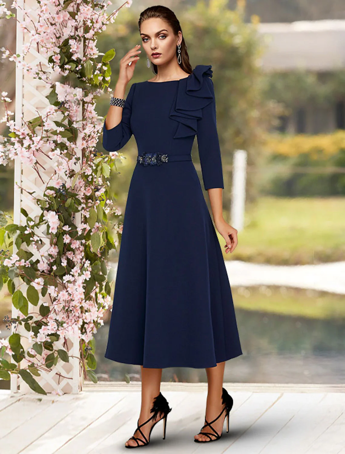 A-Line Mother of the Bride Dress Elegant Jewel Neck Tea Length Stretch Fabric 3/4 Length Sleeve with Sash / Ribbon Side Draping - TREBLEV