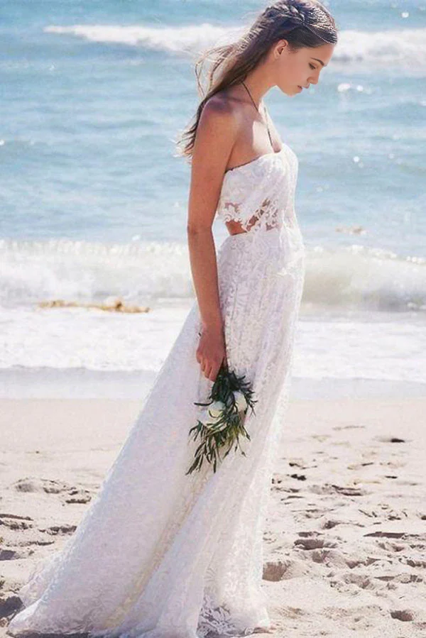 Beach Boho Gorgeous Strapless Lace Floor Length Wedding Dresses - TREBLEV