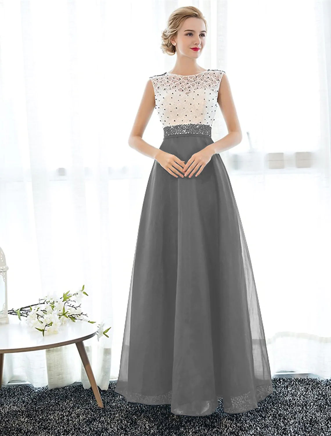 A-Line Elegant Beaded Sequin Prom Formal Evening Dress Sleeveless Floor Length Tulle Over Lace Beading - TREBLEV