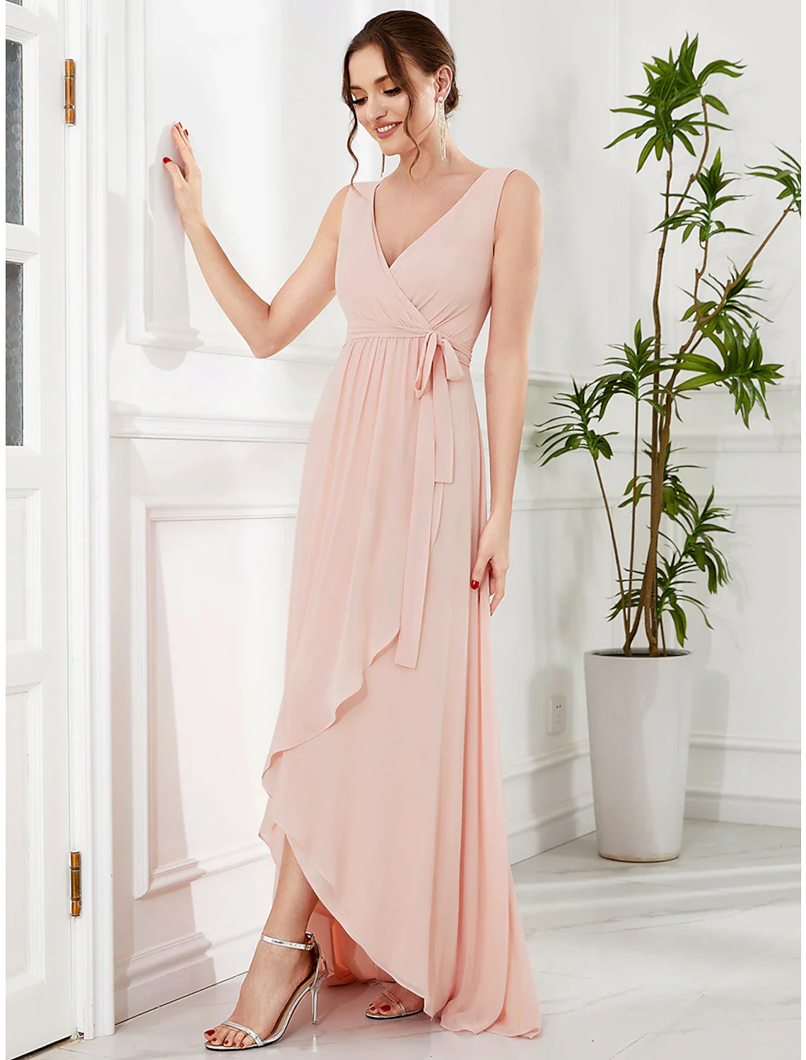A-Line Wedding Guest Dresses Elegant Dress Party Wear Asymmetrical Sleeveless Spaghetti Strap Chiffon with Ruffles Slit - TREBLEV