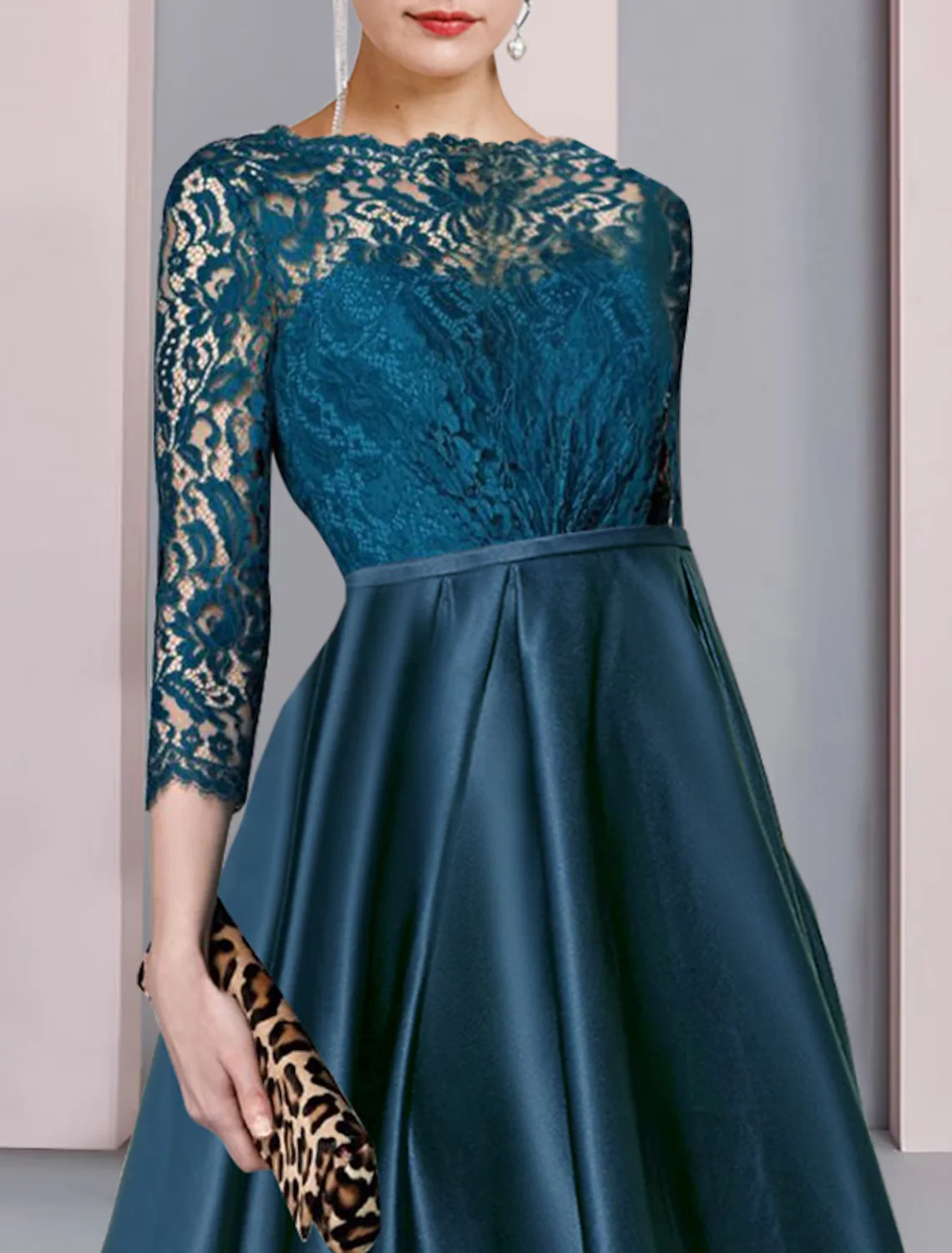 A-Line Mother of the Bride Dress Formal Wedding Guest Elegant High Low Scoop Neck Asymmetrical Satin Lace Half Sleeve with Pleats - TREBLEV