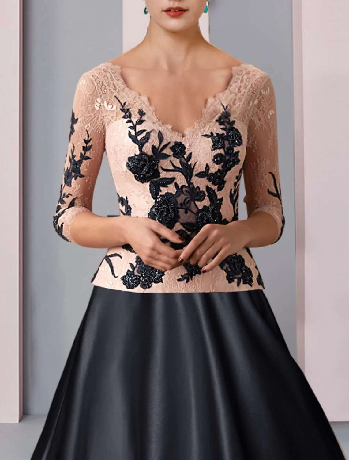 A-Line Mother of the Bride Dress Formal Wedding Guest Party Elegant V Neck Satin Lace Length Sleeve with Pleats - TREBLEV