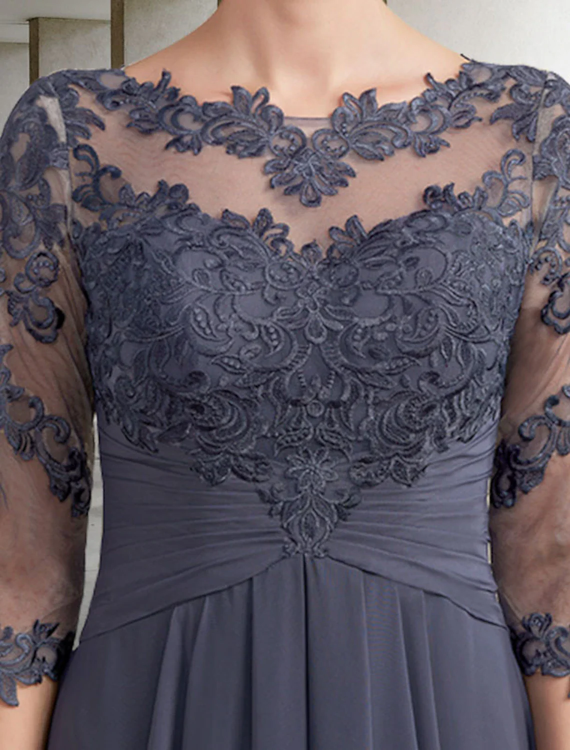 Sheath / Column Mother of the Bride Dress Elegant Jewel Neck Floor Length Chiffon Lace 3/4 Length Sleeve with Ruched Appliques - TREBLEV