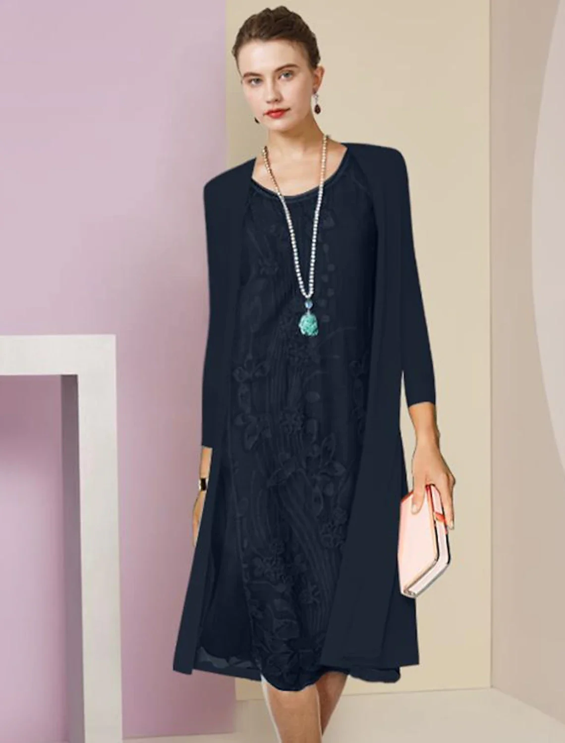 Two Piece Sheath / Column Mother of the Bride Dress Formal Wedding Guest Elegant Scoop Neck Knee Length Chiffon Lace Half Sleeve Jacket Dresses with Appliques - TREBLEV