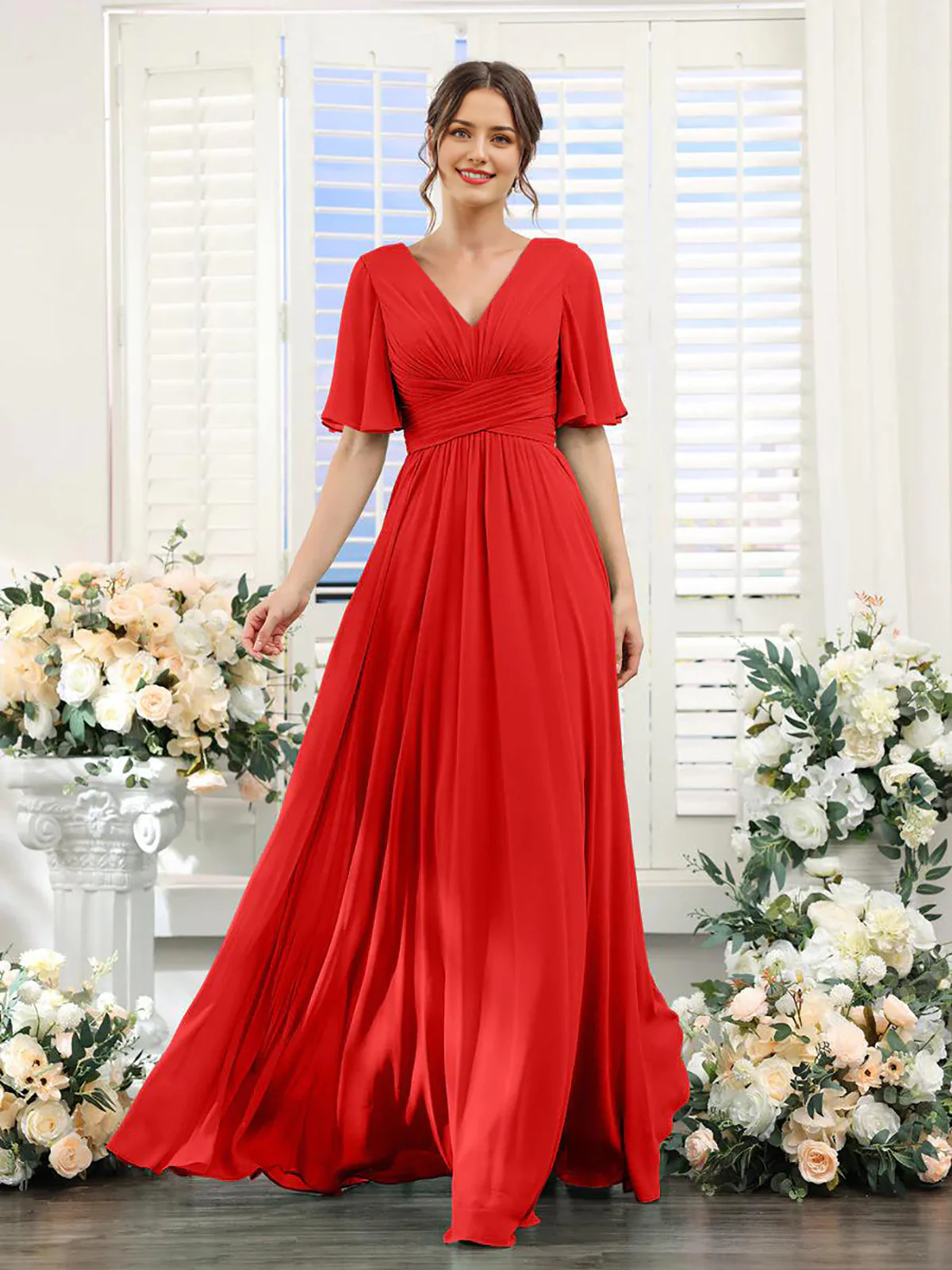 A-Line V Neck Sleeve Bridesmaid Dress for Wedding Guest Long Chiffon Party Dresses with Slit - TREBLEV
