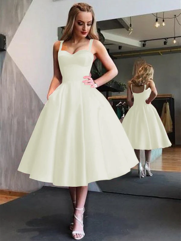 A-Line Straps Satin Sleeveless With Ruffles Tea-Length Dresses - TREBLEV