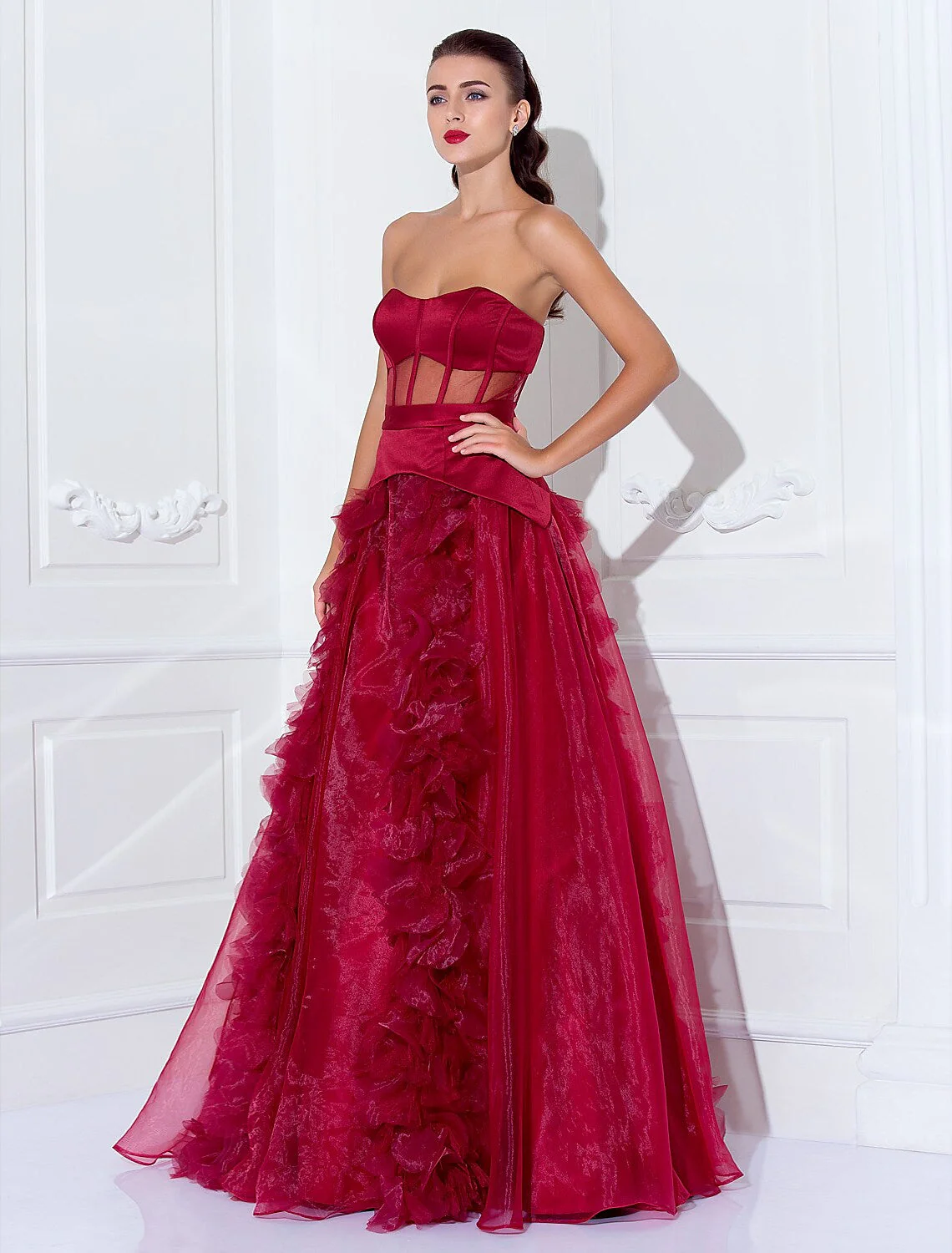 Celebrity Style Dress Holiday Floor Length Sleeveless Strapless Satin with Sash Flower - TREBLEV