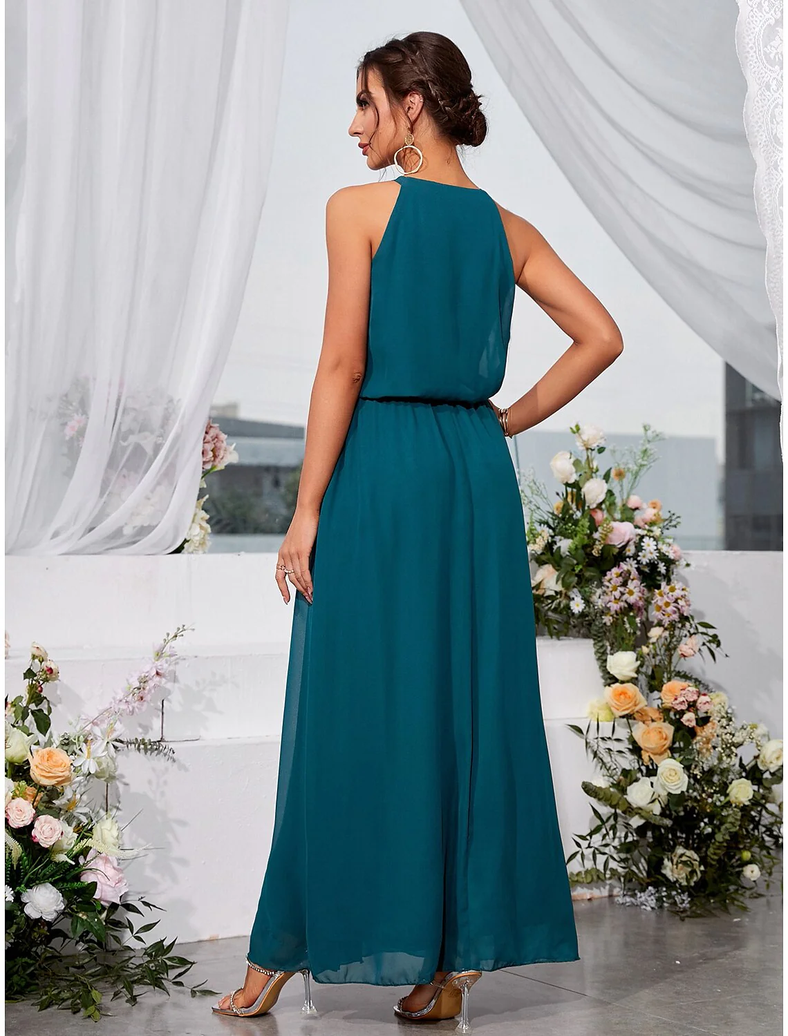 A-Line Wedding Guest Dresses Elegant Dress Holiday Ankle Length Sleeveless Halter Lace with Strappy - TREBLEV
