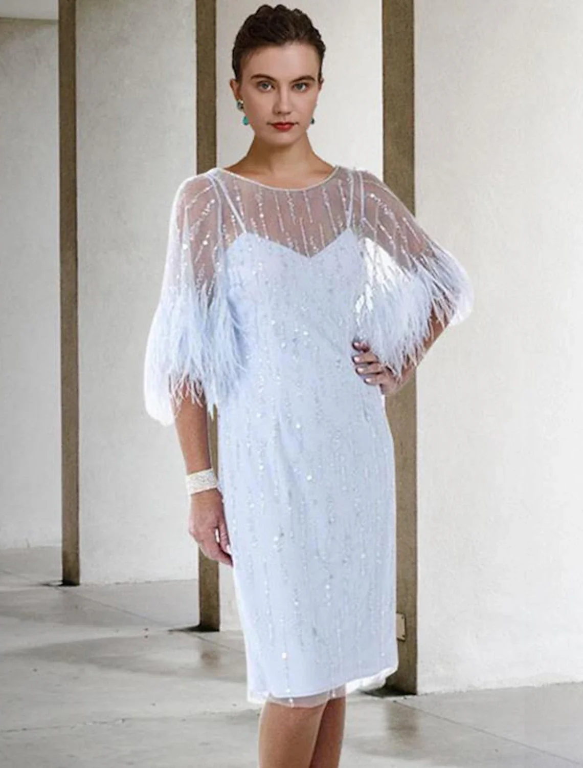 Sheath / Column Mother of the Bride Dress Elegant Sparkle & Shine Jewel Neck Knee Length Stretch Chiffon Half Sleeve with Feather Beading Sequin - TREBLEV