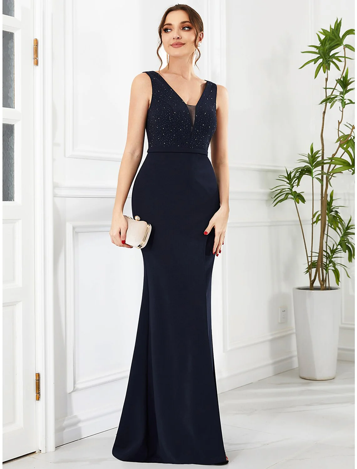 Mermaid / Trumpet Evening Gown Glittering Dress Prom Floor Length Sleeveless V Neck Polyester with Belt - TREBLEV