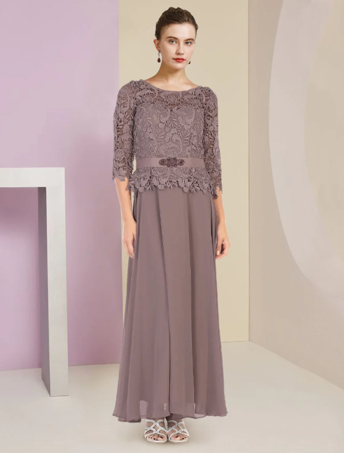 Two Piece A-Line Mother of the Bride Dress Formal Wedding Guest Elegant Scoop Neck Floor Length Chiffon Lace 3/4 Length Sleeve Wrap Included with Appliques Crystal Brooch - TREBLEV