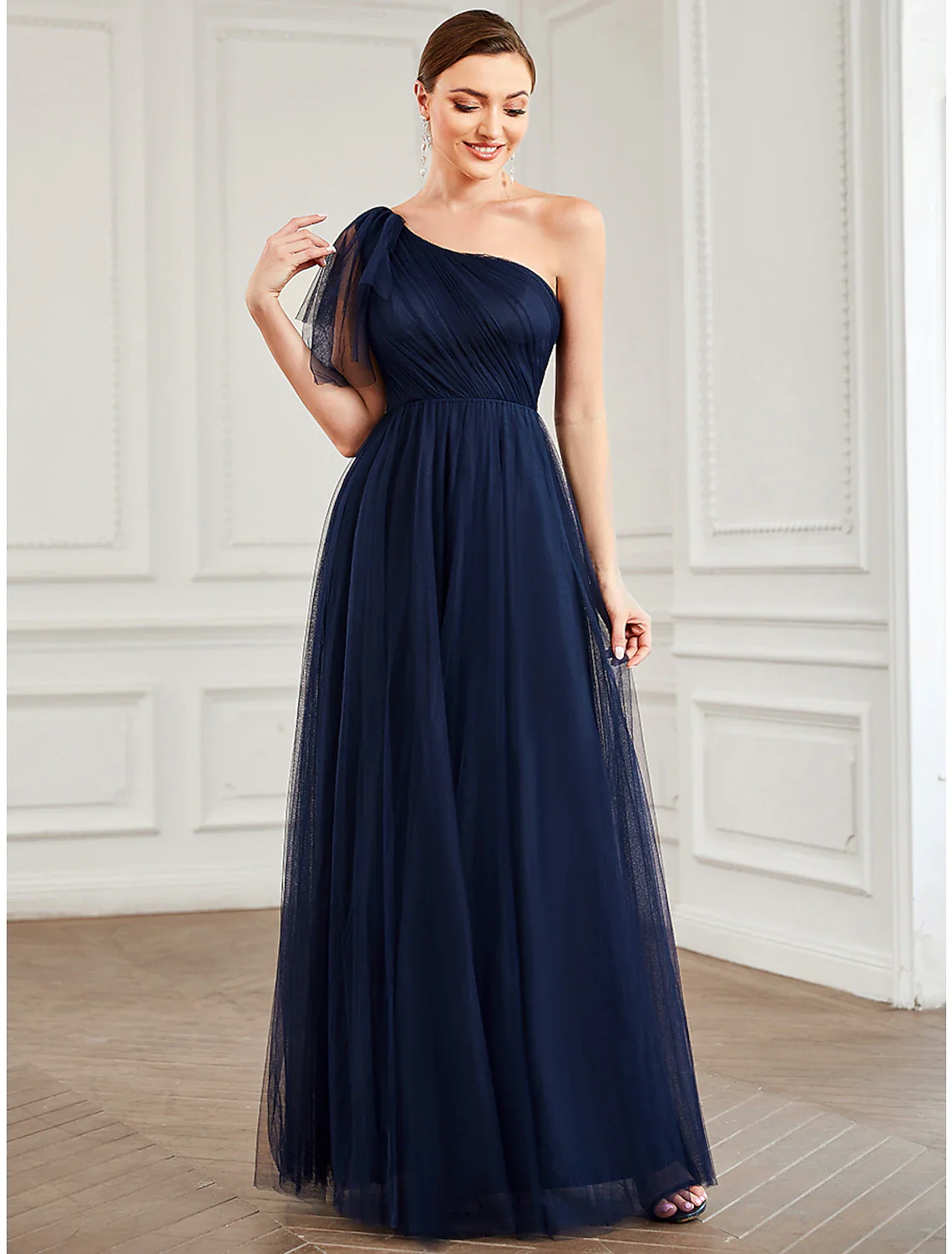 A-Line Party Dresses Minimalist Dress Quinceanera Floor Length Sleeveless One Shoulder Tulle with Shouder Flower - TREBLEV