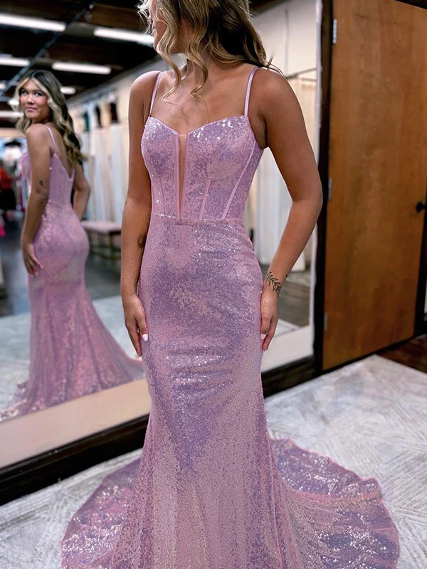 Trumpet/Mermaid Sequins Sweetheart Sleeveless Court Train Corset Dresses - TREBLEV