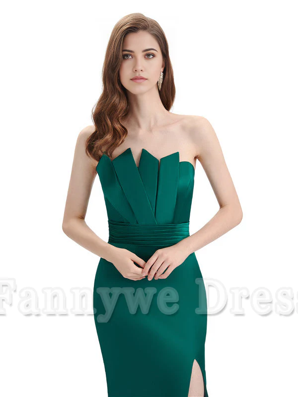 Mermaid Elegant Strapless Split Side Floor-Length Satin formal dresses evening gown Bridesmaid Dresses - TREBLEV