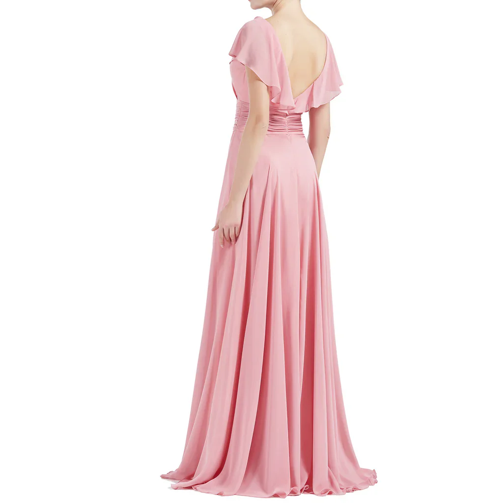 A Line Neck Ruffle Short Sleeves Wedding Bridesmaid Dresses - TREBLEV