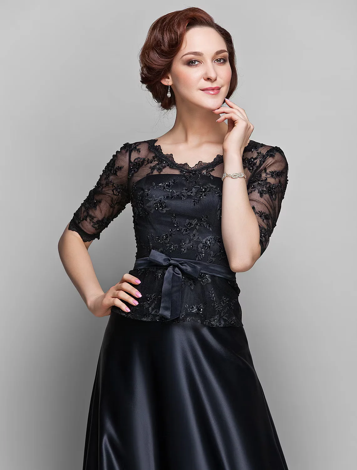 A-Line Mother of the Bride Dress  V Neck Floor Length Satin Lace Half Sleeve with Lace Bow(s) Beading - TREBLEV