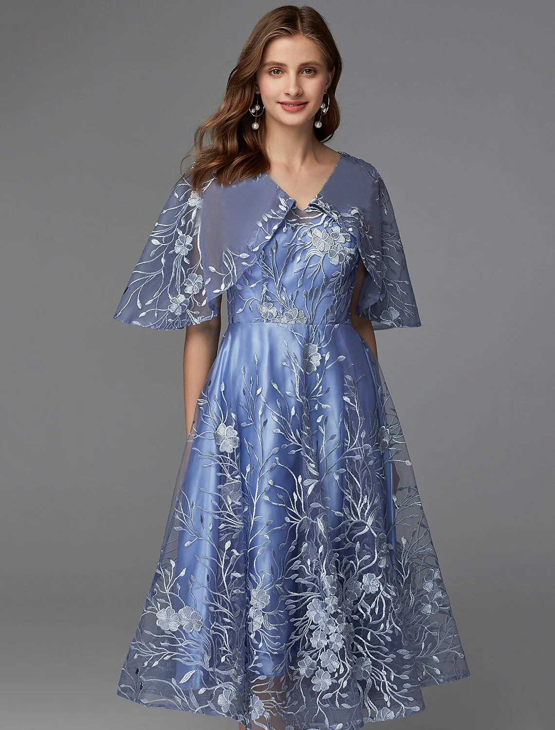 A-Line Floral Dress Wedding Guest Tea Length Sleeveless V Neck Lace V Back with Pattern / Print Appliques - TREBLEV