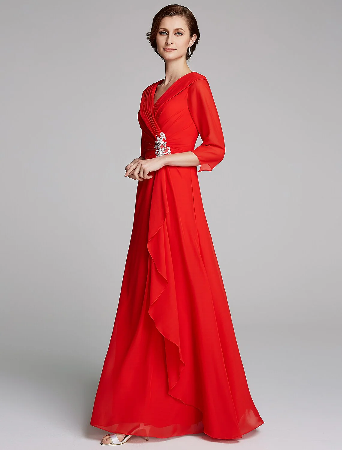 A-Line Mother of the Bride Dress Elegant V Neck Floor Length Chiffon Half Sleeve with Pleats Appliques - TREBLEV