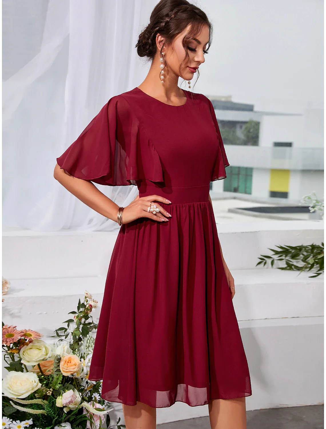 A-Line Wedding Guest Dresses Elegant Dress Holiday Knee Length Short Sleeve Jewel Neck Chiffon with Pleats Ruffles - TREBLEV