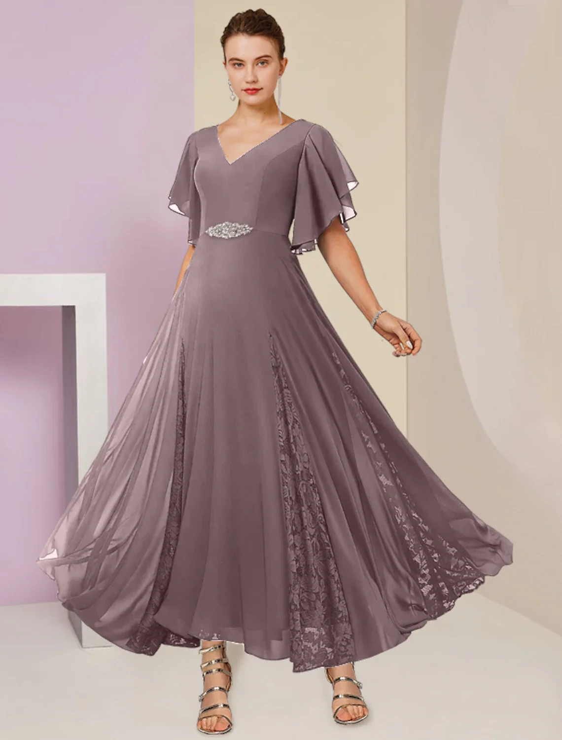 A-Line Mother of the Bride Dress Formal Wedding Guest Elegant V Neck Ankle Length Chiffon Lace Short Sleeve with Pleats Crystal Brooch - TREBLEV
