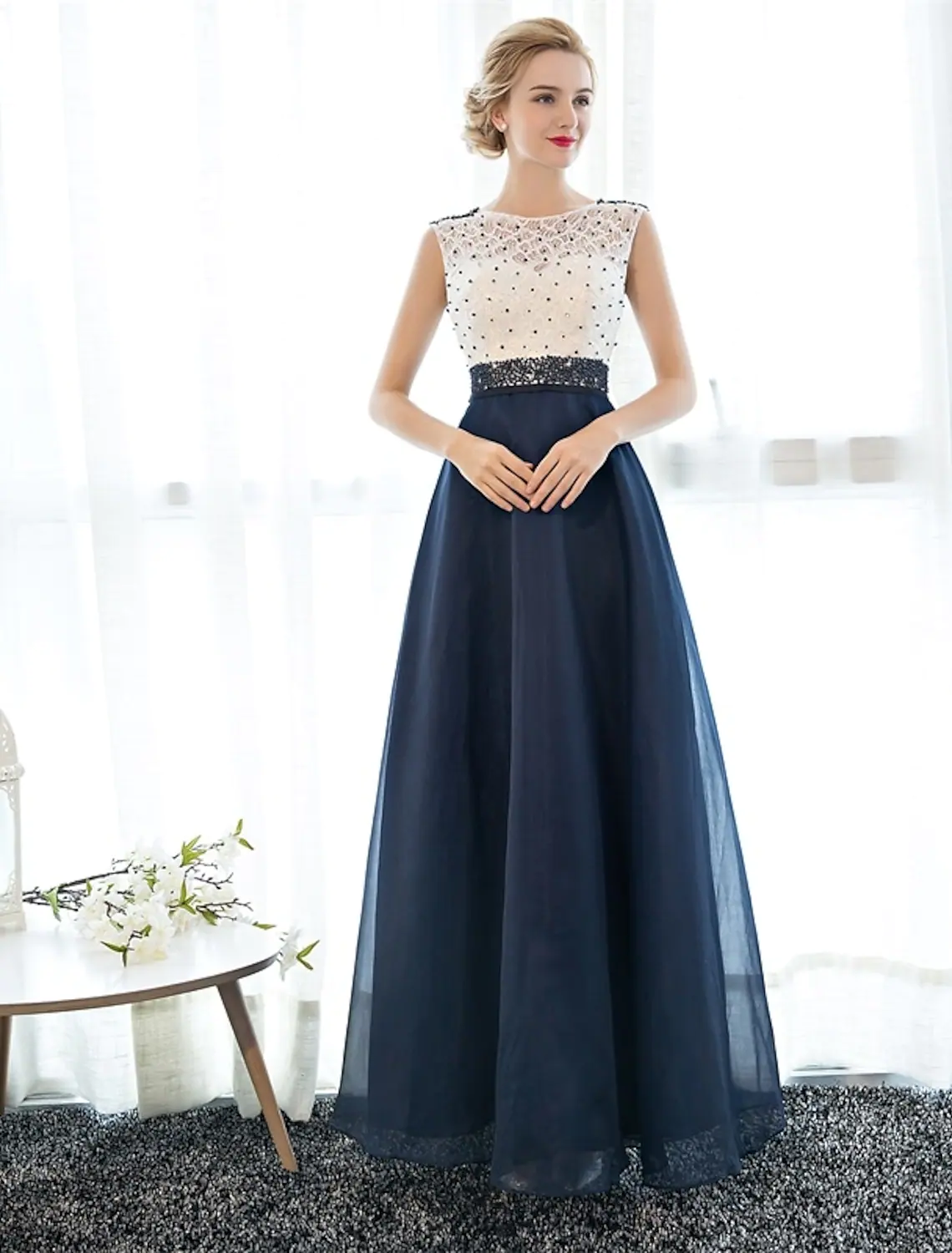 A-Line Elegant Beaded Sequin Prom Formal Evening Dress Sleeveless Floor Length Tulle Over Lace Beading - TREBLEV