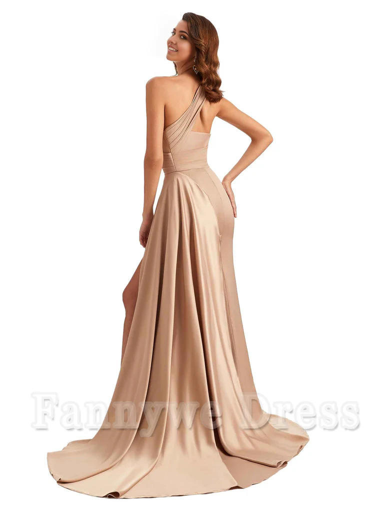 Mermaid One shoulder Satin formal dresses evening gown Bridesmaid Dresses With Side Slit - TREBLEV