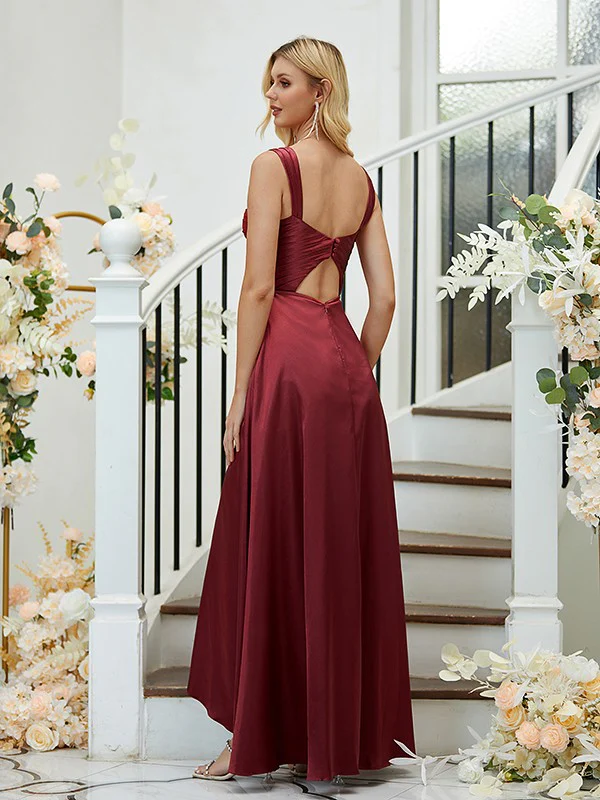 A-Line/Princess Woven Satin Ruched Straps Sleeveless Asymmetrical Bridesmaid Dresses - TREBLEV
