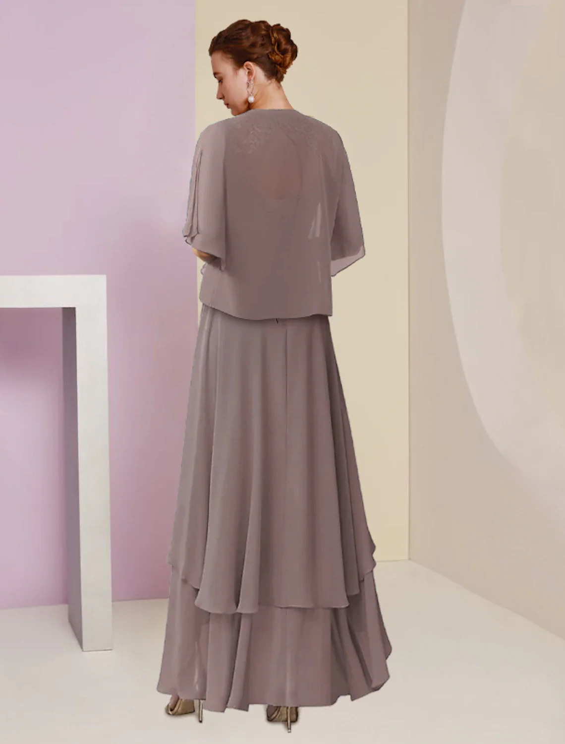 Two Piece A-Line Mother of the Bride Dress Formal Wedding Guest Elegant Square Neck Asymmetrical Tea Length Chiffon Lace 3/4 Length Sleeve Wrap Included with Ruched Tier Appliques - TREBLEV