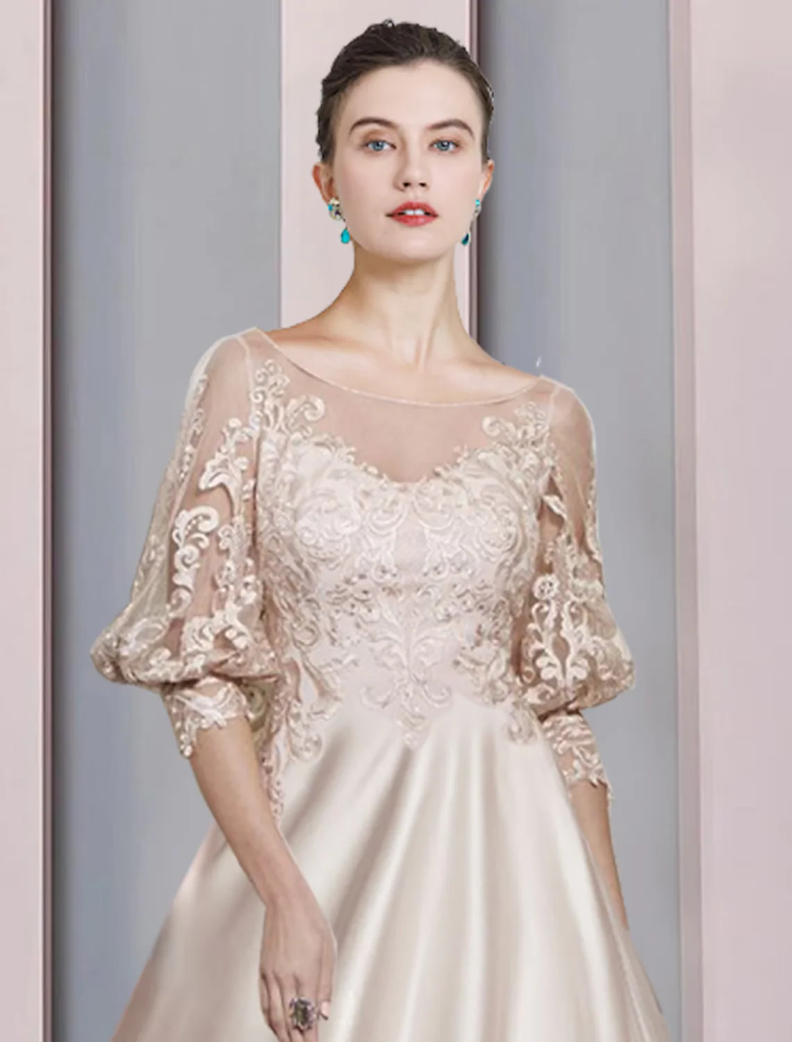 A-Line Mother of the Bride Dress Formal Elegant Scoop Neck Length Satin Lace Sleeve with Appliques - TREBLEV