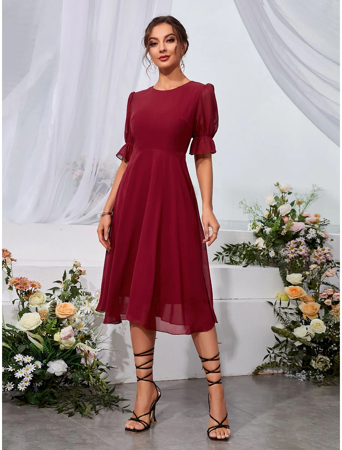 A-Line Wedding Guest Dresses Elegant Dress Holiday Tea Length Half Sleeve Jewel Neck Chiffon with Fringe - TREBLEV