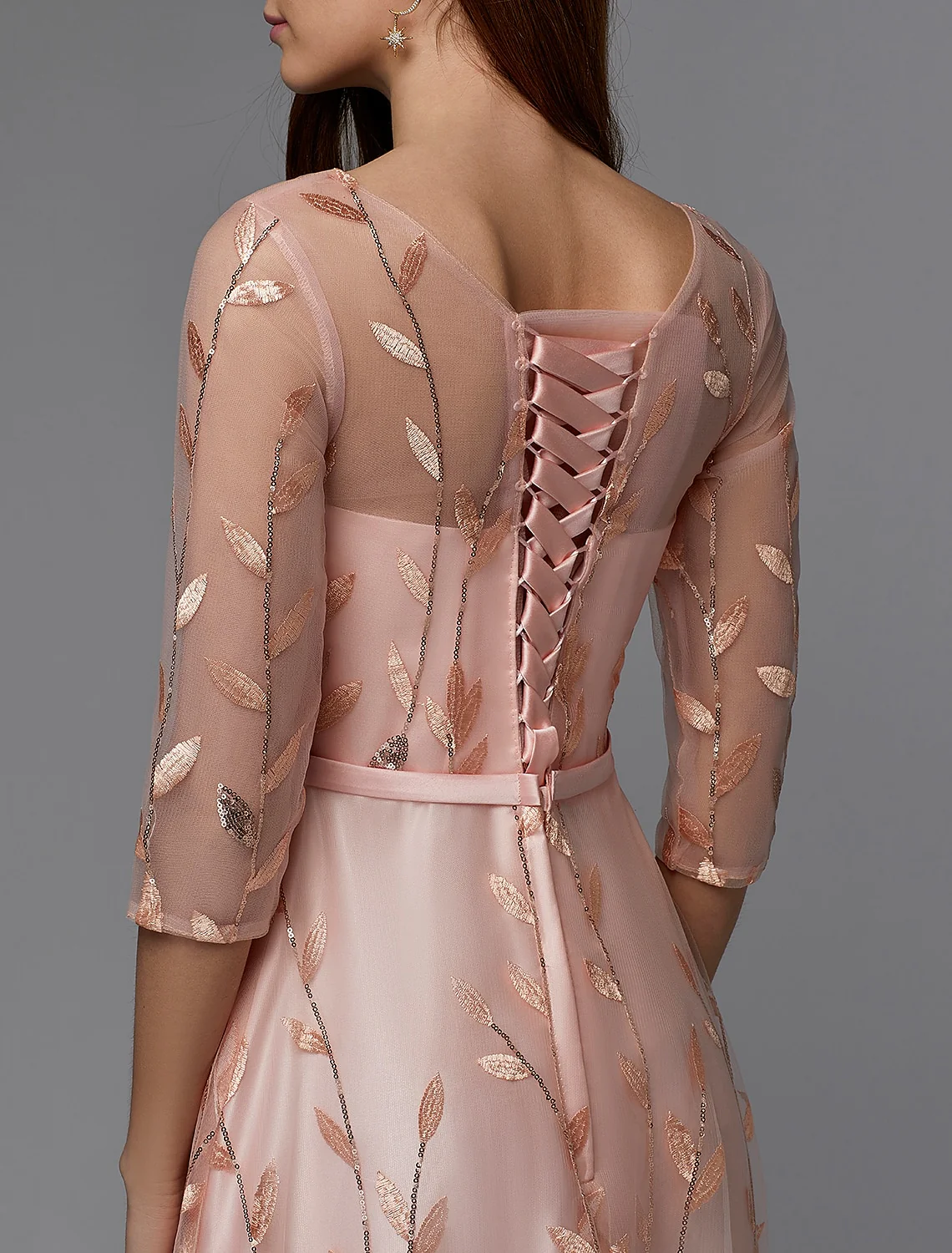 A-Line Floral Dress Wedding Guest Floor Length 3/4 Length Sleeve Illusion Neck Bridesmaid Dress Lace with Pattern / Print Appliques - TREBLEV