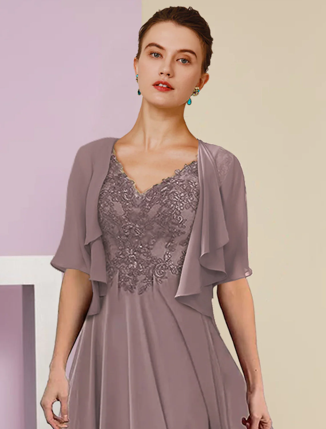 Two Piece A-Line Mother of the Bride Dress Formal Wedding Guest Elegant V Neck Tea Length Lace Short Sleeve Wrap Included with Pleats Appliques - TREBLEV