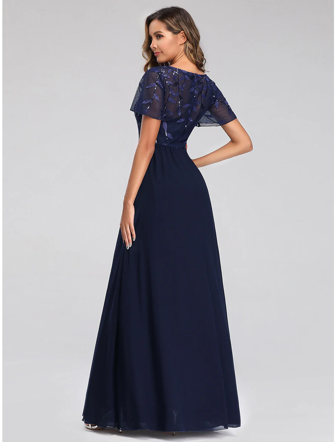 A-Line Empire Party Wear Prom Dress V Neck Short Sleeve Floor Length Tulle with Sequin Appliques - TREBLEV