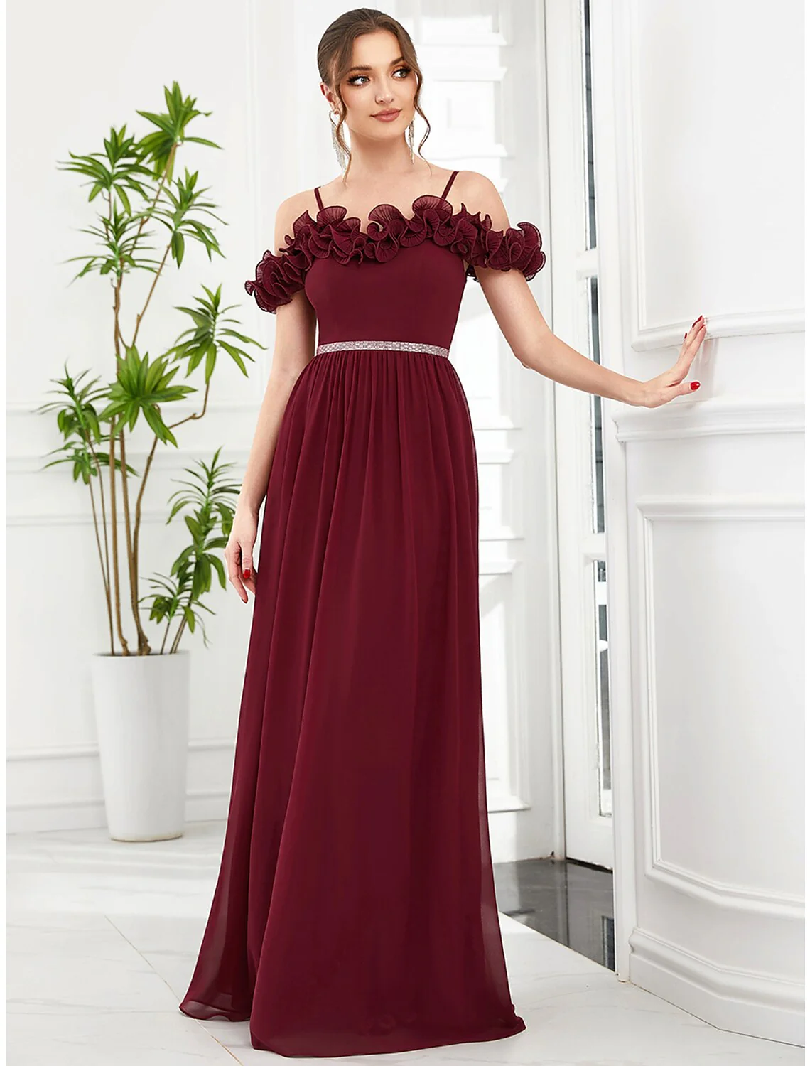 A-Line Prom Dresses Vintage Dress Wedding Guest Floor Length Sleeveless Off Shoulder Chiffon with Appliques Shouder Flower - TREBLEV