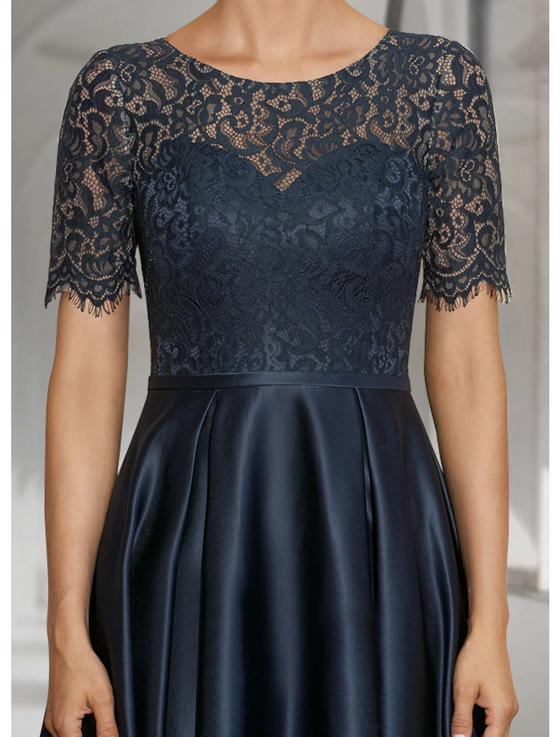 A-Line Mother of the Bride Dress Fall Wedding Guest Elegant High Low Jewel Neck Asymmetrical Tea Length Satin Lace Short Sleeve with Pleats - TREBLEV