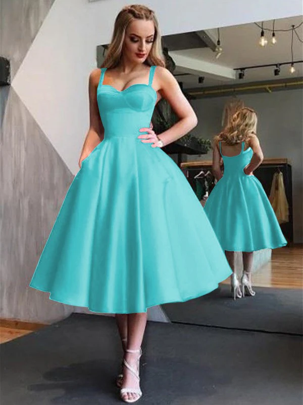 A-Line Straps Satin Sleeveless With Ruffles Tea-Length Dresses - TREBLEV