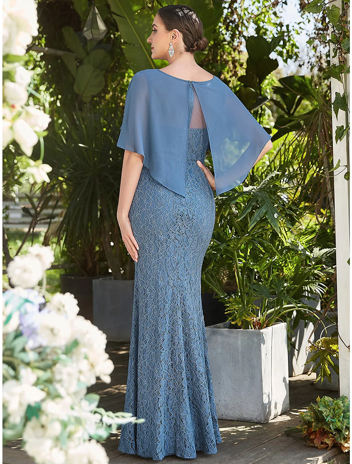 Mermaid / Trumpet Wedding Guest Dresses Elegant Dress Formal Floor Length Sleeveless Jewel Neck Capes Lace with Appliques - TREBLEV