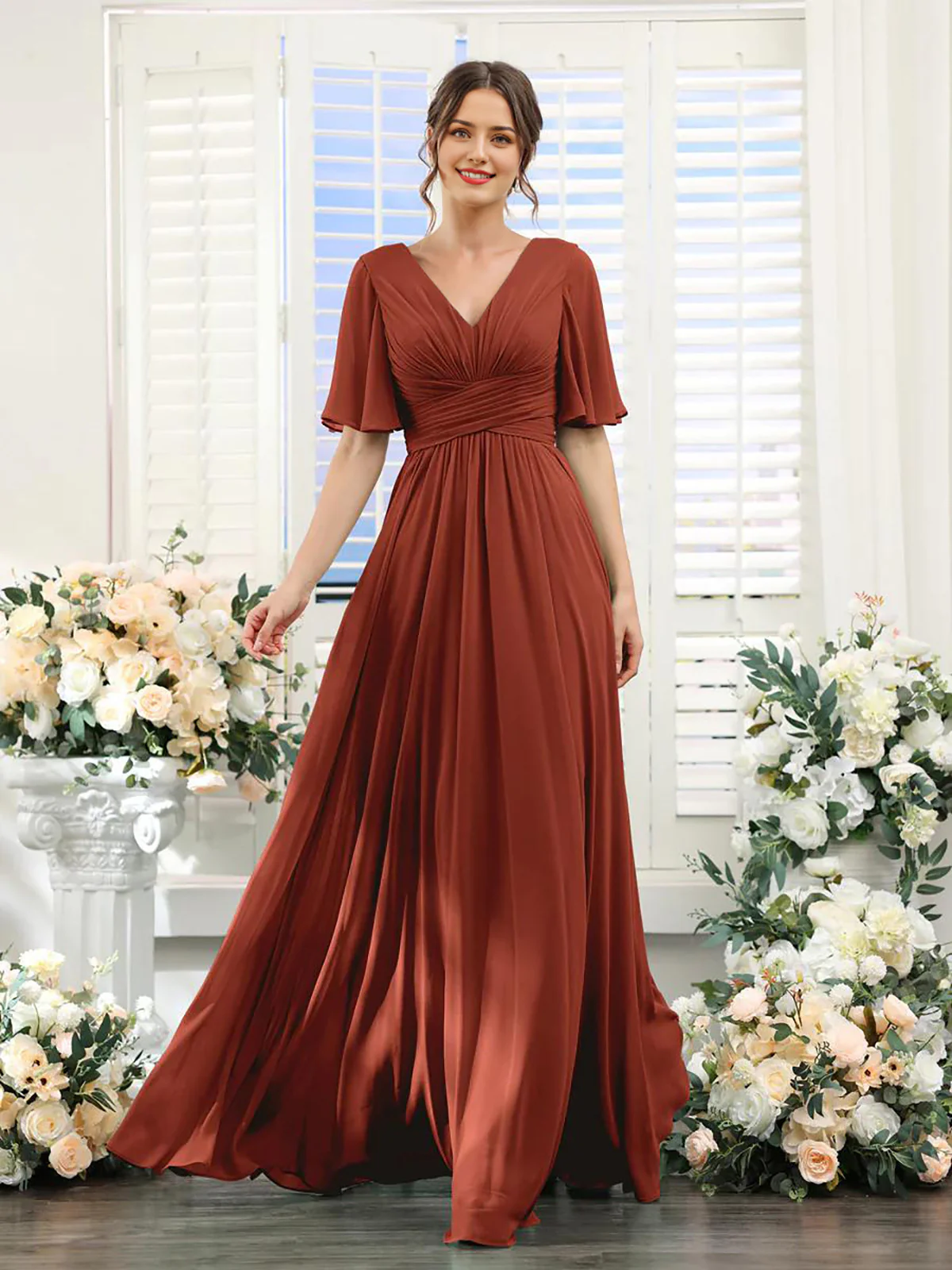 A-Line V Neck Sleeve Long Chiffon Formal Party Dresses for Wedding Guest Bridesmaid Dress - TREBLEV
