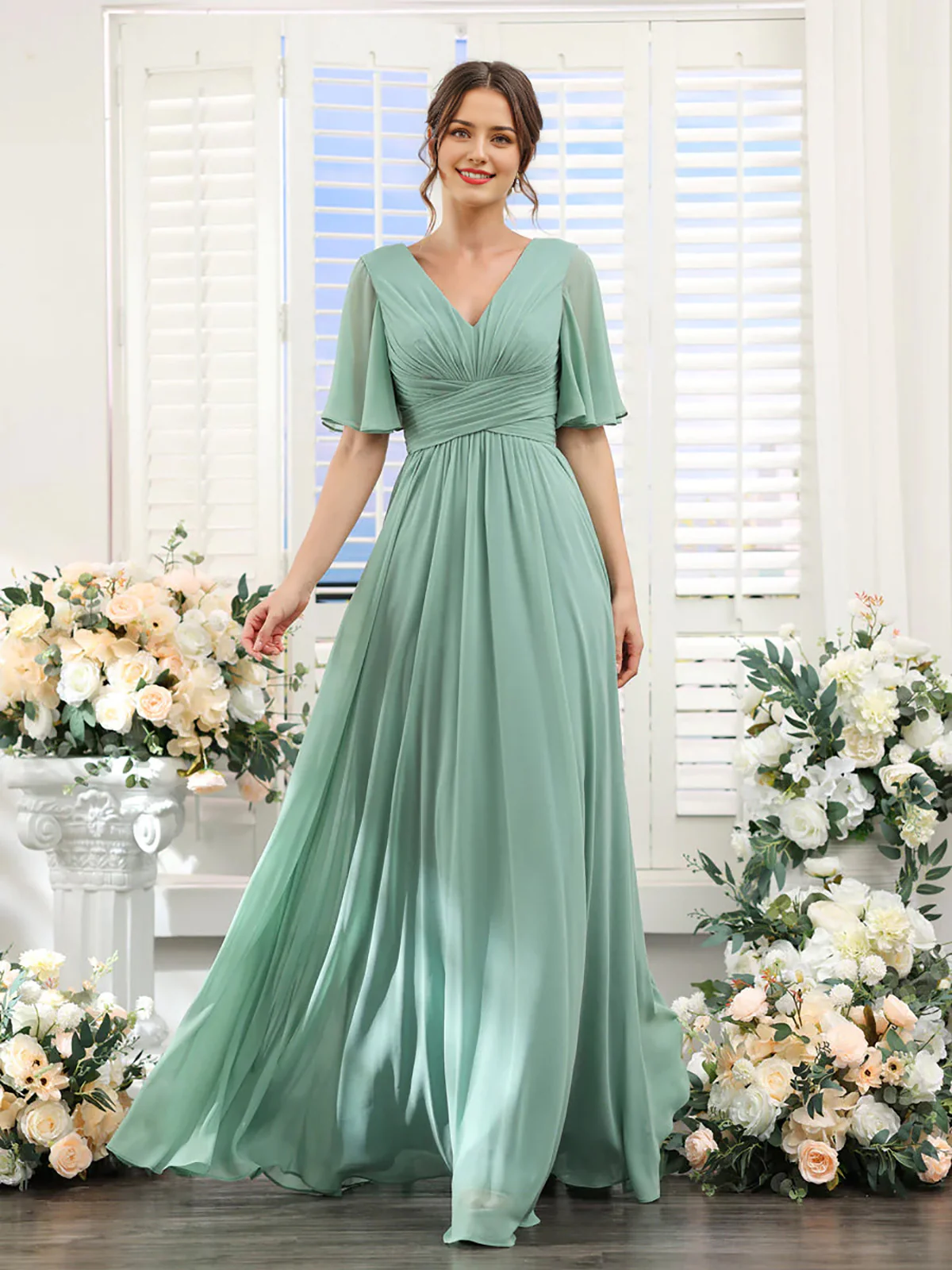 A-Line V Neck Sleeve Long Chiffon Formal Party Dresses for Wedding Guest Bridesmaid Dress - TREBLEV
