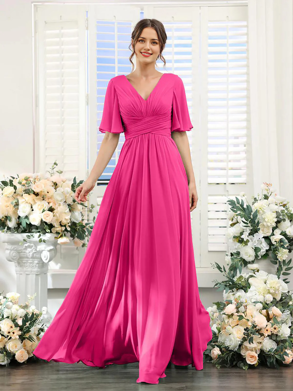 A-Line V Neck Sleeve Bridesmaid Dress for Wedding Guest Long Chiffon Party Dresses with Slit - TREBLEV