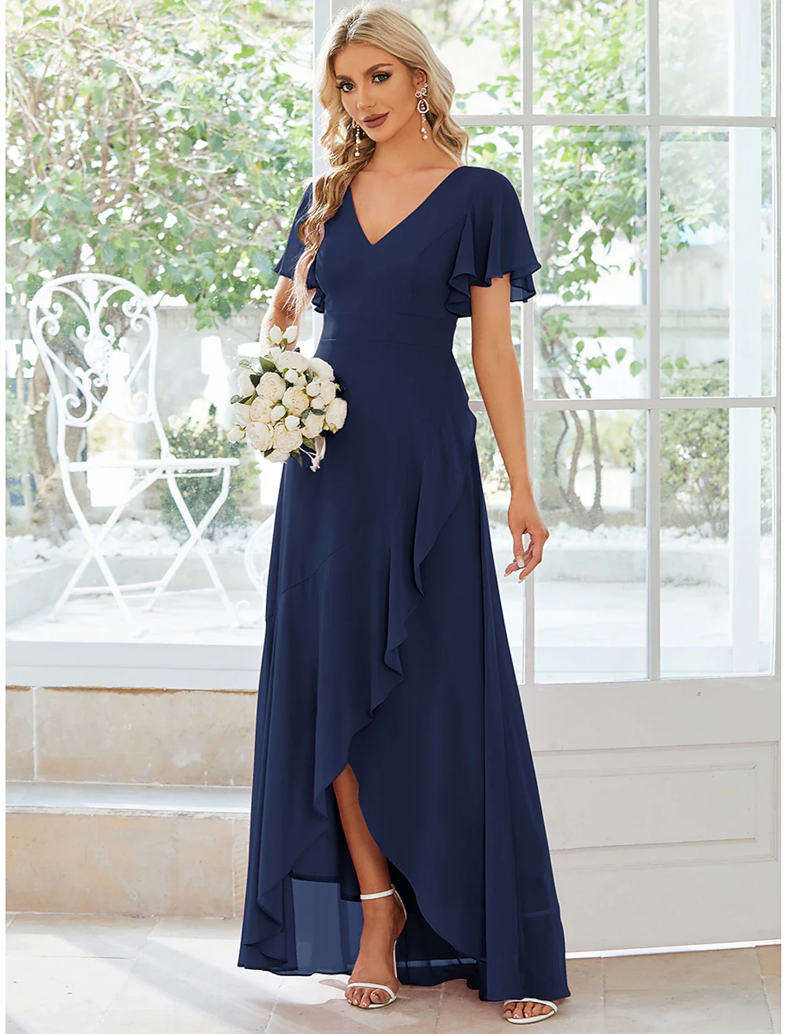 A-Line Wedding Guest Dresses Casual Dress Party Wear Asymmetrical Short Sleeve V Neck Chiffon with Ruffles Pure Color - TREBLEV
