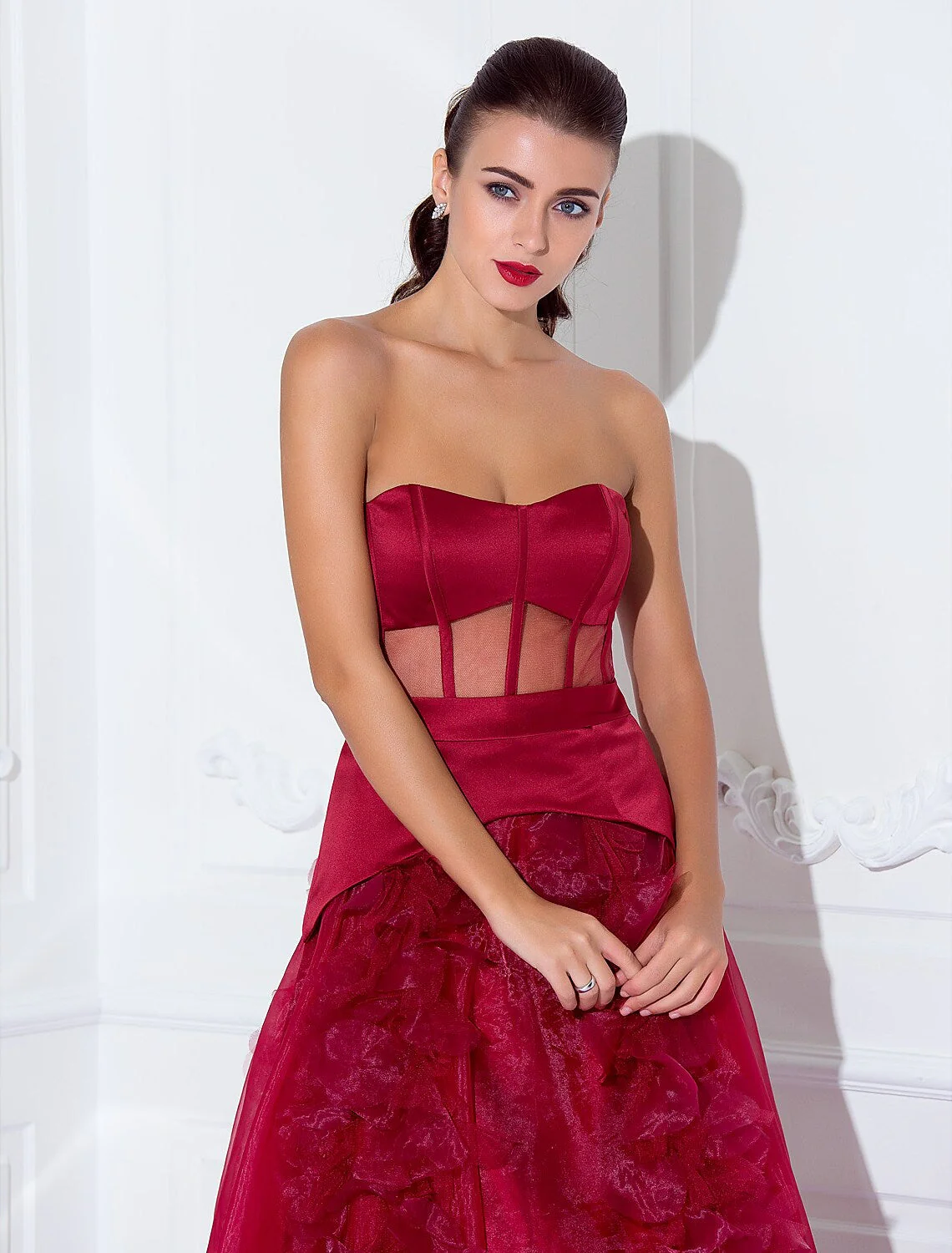 Celebrity Style Dress Holiday Floor Length Sleeveless Strapless Satin with Sash Flower - TREBLEV