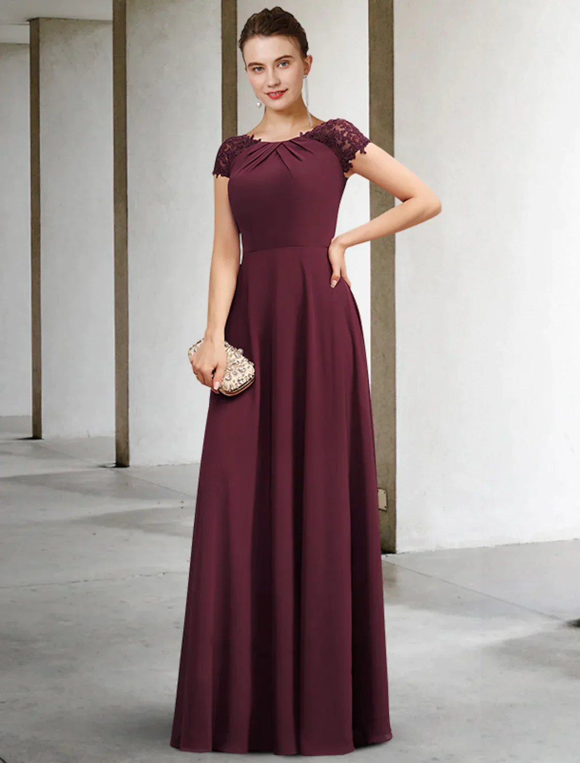 A-Line Mother of the Bride Dress Elegant Floor Length Chiffon Lace Short Sleeve Appliques Ruching - TREBLEV