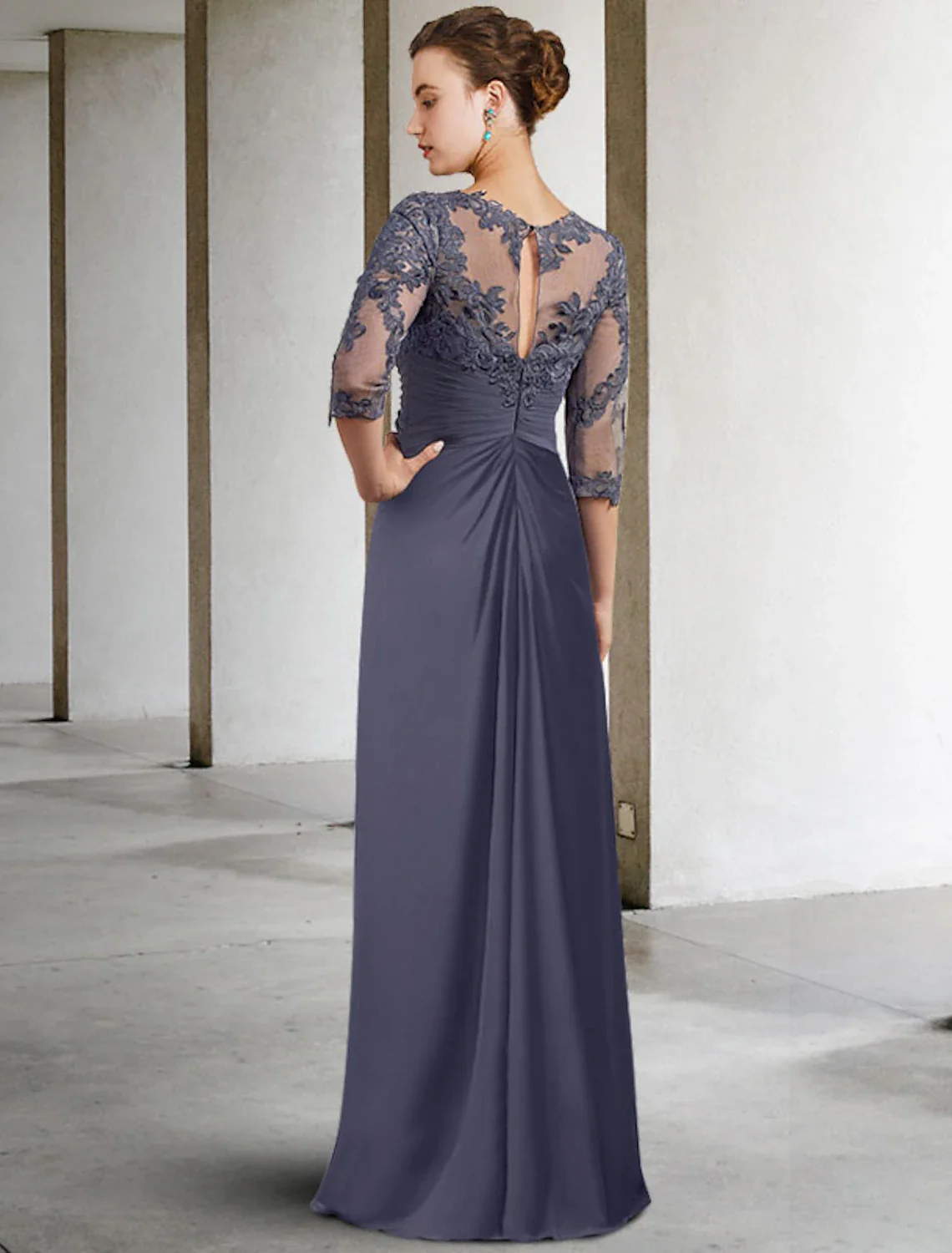 Sheath / Column Mother of the Bride Dress Elegant Jewel Neck Floor Length Chiffon Lace 3/4 Length Sleeve with Ruched Appliques - TREBLEV