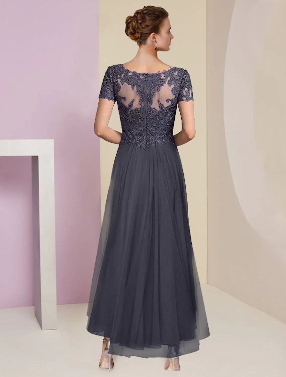 Two Piece A-Line Mother of the Bride Dress Formal Wedding Guest Elegant High Low V Neck Asymmetrical Tea Length Chiffon Lace Short Sleeve Wrap Included with Appliques - TREBLEV